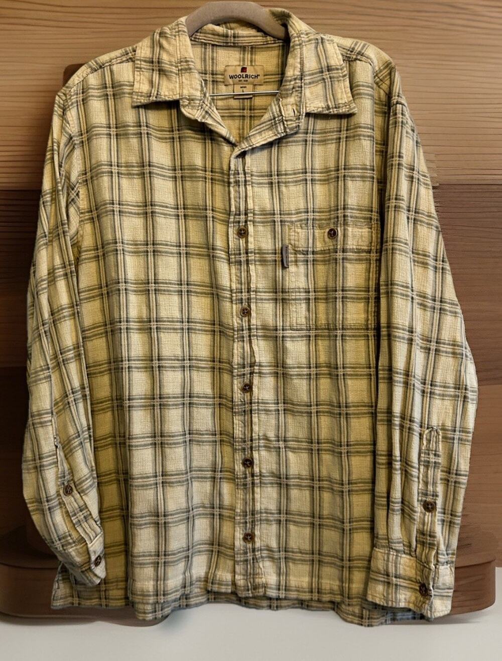 VTG Woolrich Flannel Shirt Men's L Plaid Tan Long Sleeve Outdoor Work Utility